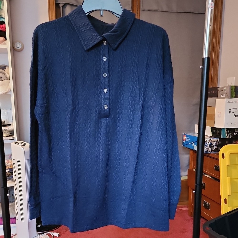 Navy Blue Designed Pattern Long Sleeve Womens Polo Shirt, Large